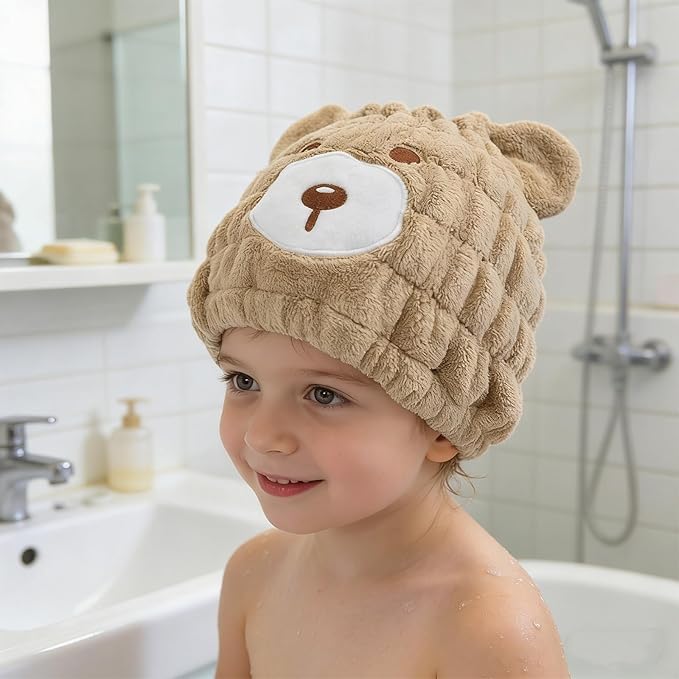 2 PCS Microfiber Hair Towel Wrap for Kids, Girls & Women,Cute Unicorn and White Rabbit Dry Hair Cap - Super Absorbent Quick Drying, Lightweight Turban Towel for Wet Hair (Brown) (Color A)