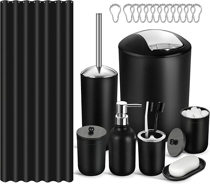 Bathroom Set, 20Pcs Bathroom Shower Curtain Sets with Hooks, Black Bathroom Accessories Set with Trash Can, Bathroom Accessories Sets Complete with Shower Curtain Set, Bathroom Accessory Set