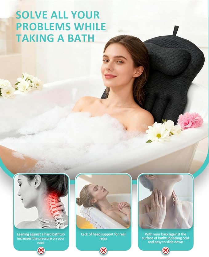 Full Body Bath Pillow for Bathtub, 5D Thick Tub Pillow for Bathtub with 192 Non-Slip Suction Cups, Laundry Bag & Hook, Bathtub Pillow for Head, Neck & Back Support (Black, 51"*15")