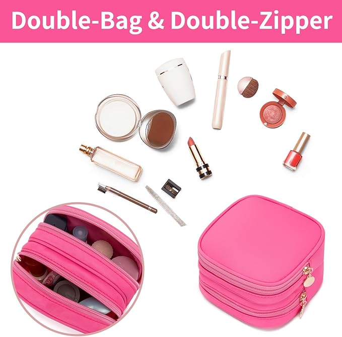 Small Makeup Pouch, Double Zipper Cosmetic Bag, Travel Makeup Bag, Cute Makeup Bag for Purse, Mini Toiletry Bag (Bubblegum)