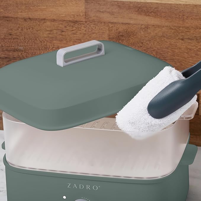 Zadro Towel Steamer with Tongs, 850W Heater, 8L Tray, 1.7L Tank, 30-min Timer for Facials, Manicures, Pedicures, Shaving (13"x12", 120V/850W, 8L, Dark Green)
