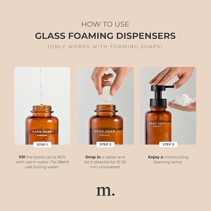 MaisoNovo Glass Foaming Soap Dispenser 14 Oz | Amber Glass Black Pumps x 2 with Tray