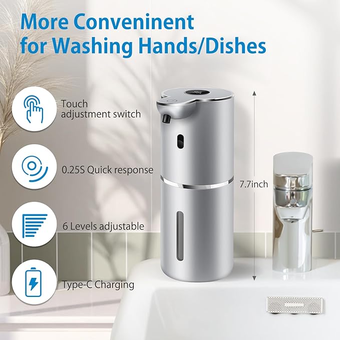 Automatic Liquid Soap Dispenser 12.8oz, Rechargeable & 6 Levels Soap Adjustable with Digital Display, Wall Mount, Waterproof, Touchless Hand/Dish Soap Dispenser for Kitchen, Bathroom, Hotel