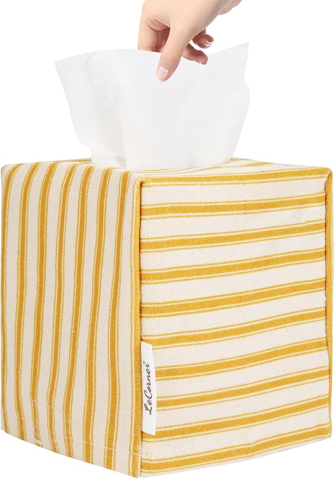 Tissue Box Cover, Fabric Tissue Box Holder Square, Stylish Toilet Paper Storage, Modern Bathroom Counter Organizer Decorations Accessories,Ticking Stripe 5''x5''x5'' (Ginger Yellow)