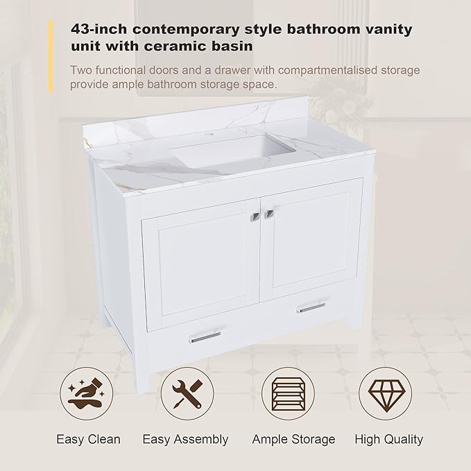 Montary 42" Bathroom Vanity with 43" Sintered Stone Carrara Gold Top, Modern Stylish MDF Bathroom Storage Cabinet, Vanity Set with 2 Doors and One Large Divided Drawer, White (Single Hole)