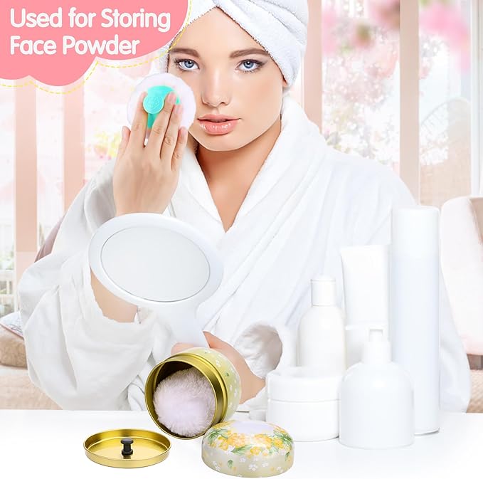 3 Pieces Body Powder Puff and Container, Baby Powder Container Floral Pattern with Large Fluffy Plush Puff Spoon, Baby Woman Loose Dusting Powder Tea Box for Home & Travel Use (Pink, Blue and Yellow)