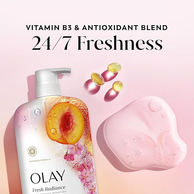 Olay Body Wash for Women, Fresh Radiance, 24/7 Skin-Loving Freshness, Visibly Radiant, Plant Based Cleansers, Vitamin B3 & Antioxidant Blend, For All Skin Types, Peach & Cherry Blossom Scent, 29 fl oz