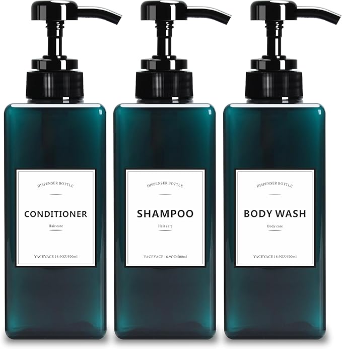 16.9oz Set of 3 Refillable Shower Dispensers, Black, Rectangular, PUMP DISPENSER