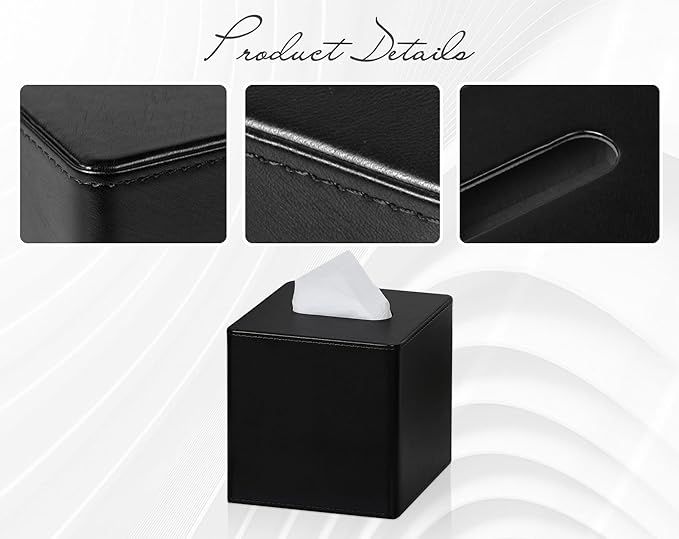 Tissue Box Cover Square PU Leather Facial Tissue Box Holder for Dresser Bathroom Decor (Black)