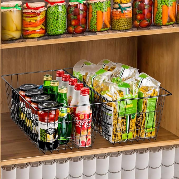 SANNO Freezer Wire Baskets, Refrigerator Freezer Baskets Wire Metal Storage Basket, Farmhouse Storage Organizer Bin for Pantry, Shelf, Kitchen, Cabinet, Bathroom Black 15.7" L x 7.9" Wx 5.9" H