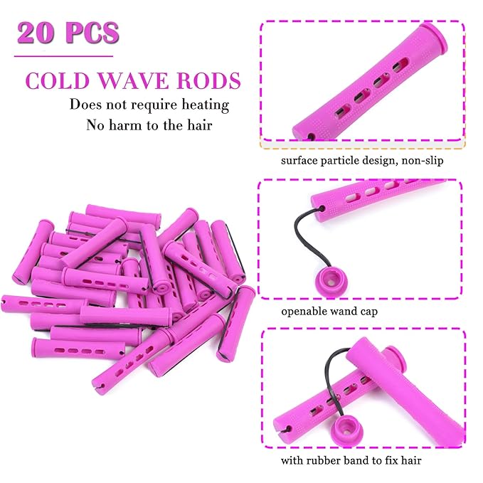 YOROSTAR 20pcs Purple Plastic Perm Rods Set for Natural Hair Cold Wave Rods Hair Curlers Rollers for Long Short Women's Hair DIY Hairdressing Tools