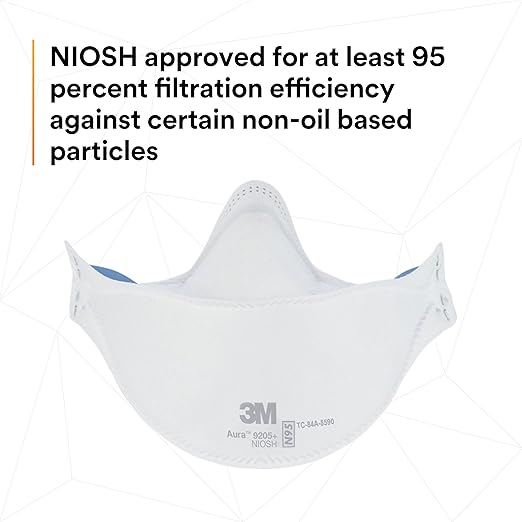 3M Aura Particulate Respirator 9205+, N95, Pack of 20 Disposable Respirators, Individually Wrapped, 3 Panel Flat Fold Design Allows for Facial Movements, Comfortable, NIOSH Approved, Smoke