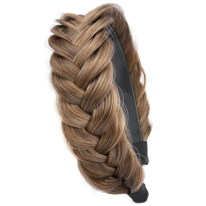 DIGUAN Wide Messy Braided Headband With Teeth Synthetic Hair Plaited Headband High Elasticity Braids Chunky Fishtail Braided Hair Band Hairpiece for Girls Women (Claybank)