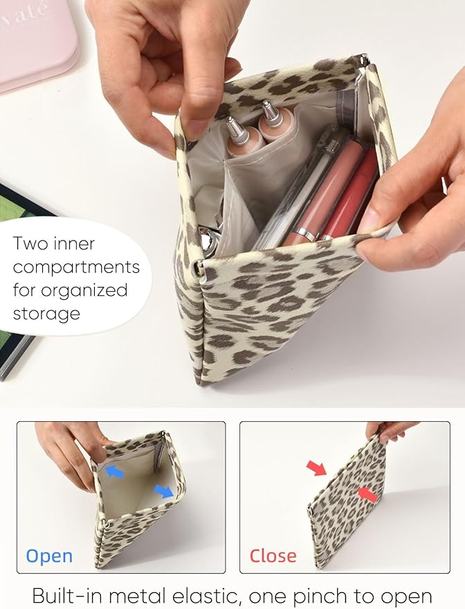 Leopard Leather Small Makeup Pouch for Women,Cosmetic Accessories,Waterproof and Portable Cosmetic Bag,Self-closing, No Zipper, Aesthetic Storage Pouch,Lipstick for Purse,Beige Brown