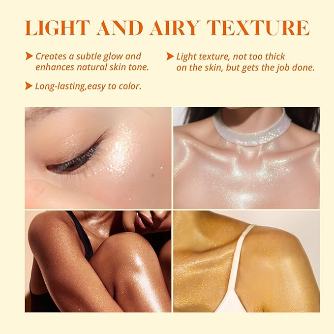Liyalan Shimmer Body Oil 5 Color Options 1.0 fl.oz Face Glow Pearl Highlighter Illuminator Long-Lasting Shine Glitter Liquid Tanning with Makeup Brush Included (#02 Gold)