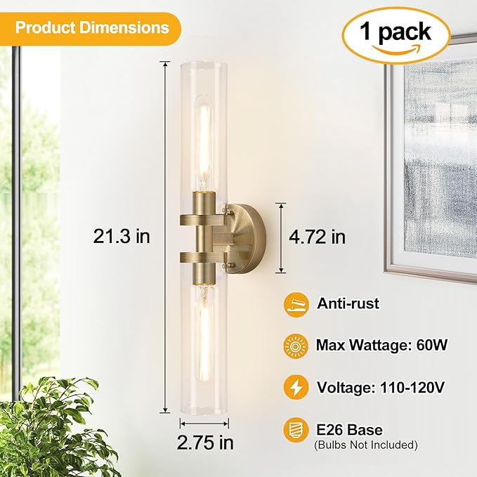Brass Wall Sconces, Hardwired Bathroom Sconces Wall Lighting with Clear Glass, Modern Bathroom Vanity Lights fixtures for Mirror Bedroom Living Room Hallway Kitchen