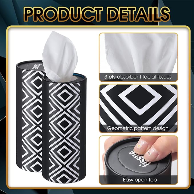Outus 12 Pcs Geometric Car Tissues Cylinder Holder with 3 Ply Facial Tissue Bulk Black White Round Tissue Holder Travel Tissues Boxes Container for Car Cup Wedding Birthday Party