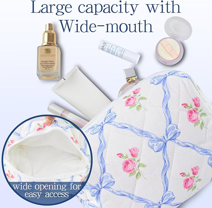 Quilted Makeup Bag Floral Cotton Make up Bag Puffy Coquette Makeup pouch Aesthetic Cute Travel Toiletry Bag for Women Girls