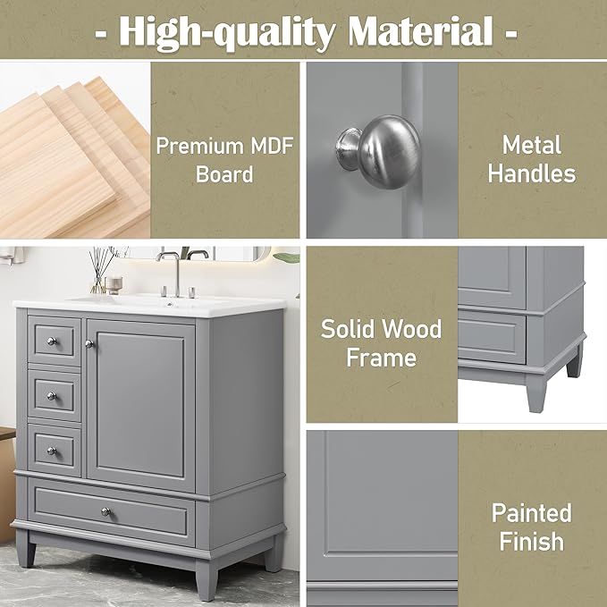 Harper & Bright Designs 30" Bathroom Vanity with Sink, Free Standing Single Vanity Set with 3 Drawers and One Door with Storage Racks, Solid Wood Storage Cabinet with Ceramic Basin for Bathroom, Grey