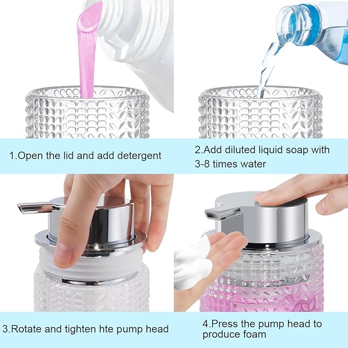 Foaming Hand Soap Dispenser, 10 oz Refillable Clear Glass Foam Soap Dispenser with Large Pump Bottle Container for Kitchen and Bathroom,1 pc