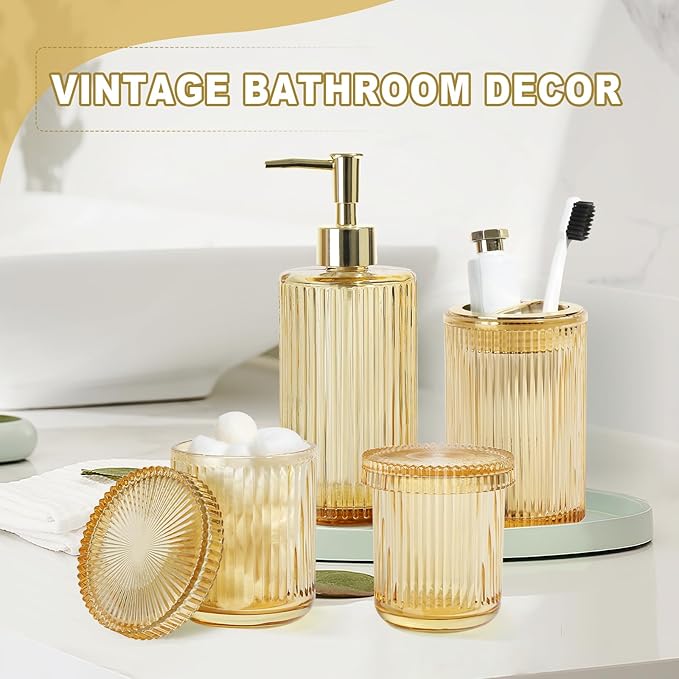 Gold Bathroom Accessories 4 Pcs, Gold Glass Soap Dispenser and Toothbrush Holder Set, Qtip Holder Set, Glass Bathroom Soap Dispenser Set, Yellow Orange Bathroom Decor