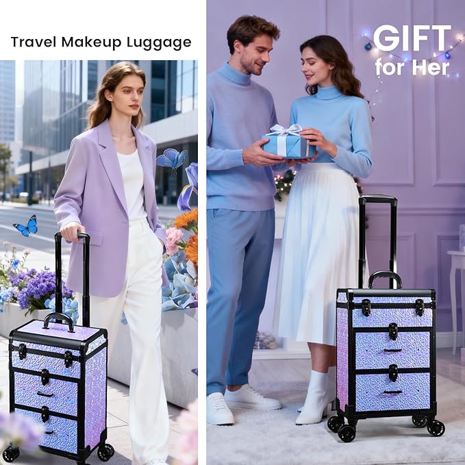 Adazzo Professional Rolling Makeup Train Case with Drawers, Large Cosmetic Trolley with Locks, Cosmetics Storage Organizer Make up Case for Travel Makeup/Nail Art/Hair Styling, Shiny Pink