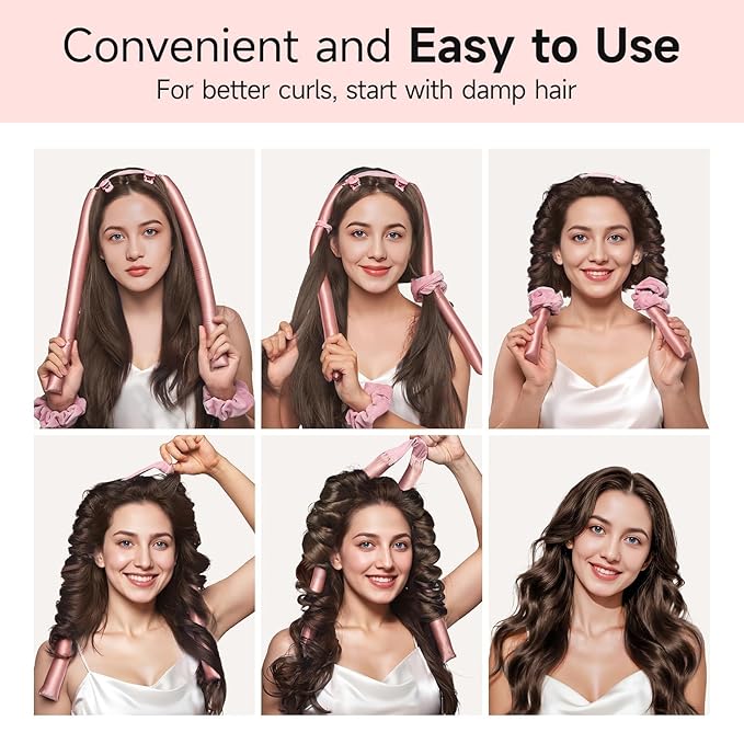 Umisleep 22 Momme Mulberry Silk Heatless Curls Overnight, Heatless Hair Curler to Sleep In, for Women Long Hair, Hair Care Roller Gift Set, Upgraded Soft with Clips & Scrunchies, Pink
