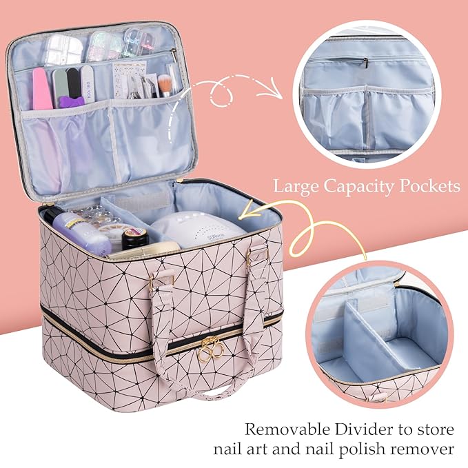 Uross Nail Polish Organizer Bag Holds 42 Bottles Nail Polish & Nail Lamp, Gel Nail Polish Organizers and Storage box for Nail Tech, Nail Kit Supplies Organizer Case - Lightpink