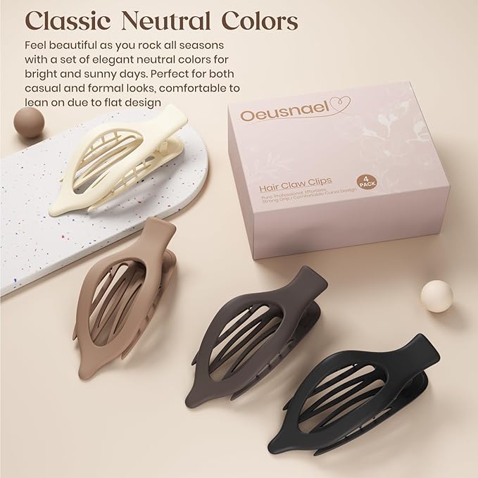 4 PCS Large Flat Hair Clips for Women Girls, French Concord Lay Down Flat Claw Clips for Thick Thin Hair, Comfortable Curved Flat Hair Clip, Matte Non-slip Strong Hold Hair Accessories, Brown
