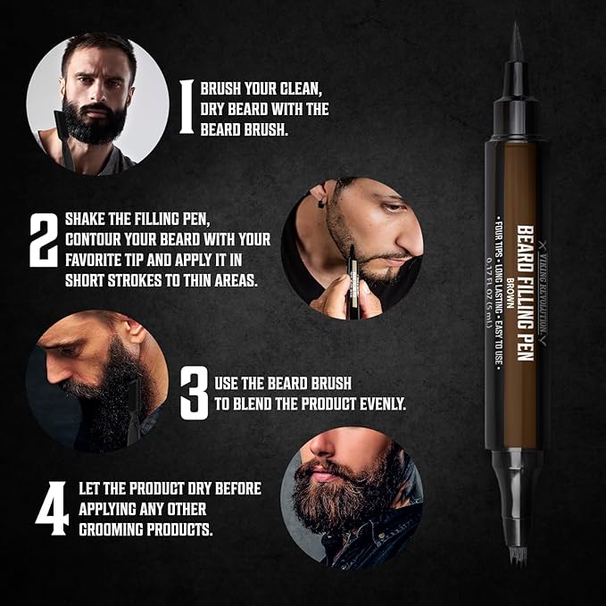 Viking Revolution Beard Pen (2 Pack) - Brown Beard Pencil Filler for Men Lapiz para Barba de Hombre - Beard Filler for Men Waterproof Beard Filling Pen Kit - Long Lasting Beard Filler Pen with Brush