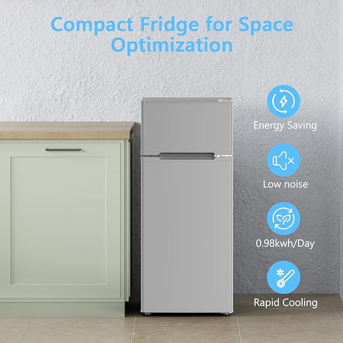 COWSAR 4.5 Cu.Ft Dorm Fridge With Freezer, 2-Door Compact Refrigerator With 2 Removable Shelves, 3 Level Adjustable Thermostat, Commercial Office Fridge for Bedroom, Kitchen, Apartment, Dorm, Grey