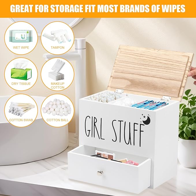 Tampon Holder for Bathroom, Feminine Product Organizer Pad Case with Lid, Pad and Tampon Organizer, Bathroom Accessories Box for Girl Stuff (White with Drawers)