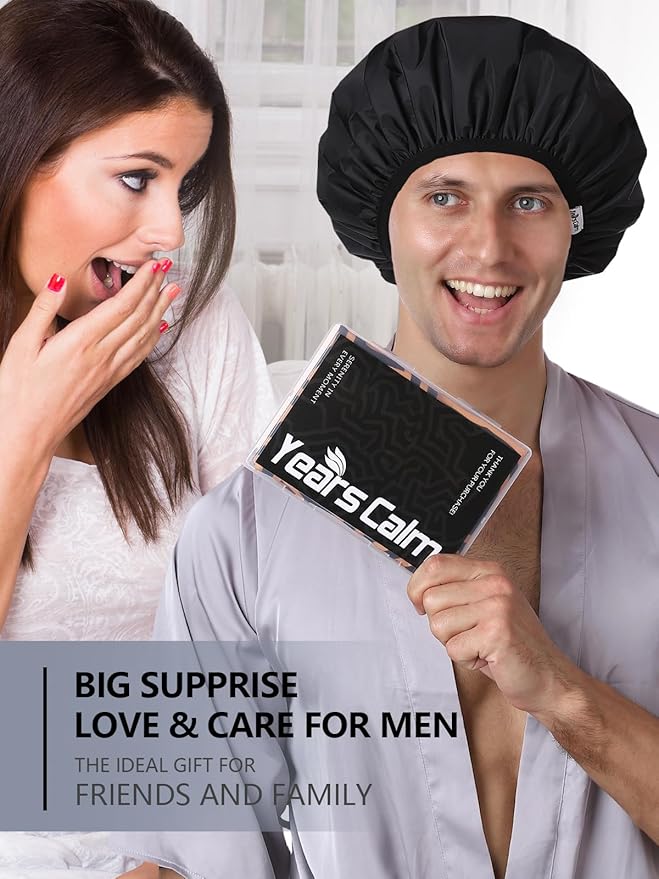 Years calm Men Shower Cap Reusable Waterproof, Dual-Layer Design, Double-Sided Use,Protects Hair in Shower, Spa, Travel & Cooking, Adjustable Elastic for Comfortable Fit (Black Striped, One Size)