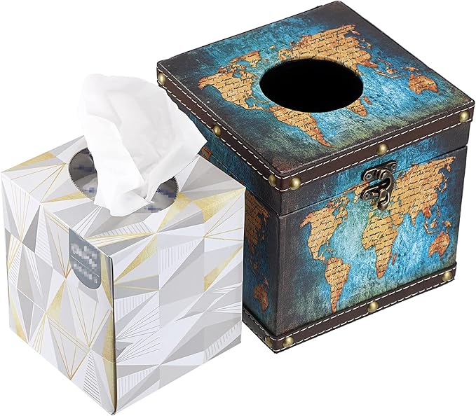 Sumnacon Retro Wood Square Tissue Box Cover - Vintage Cube Tissue Box Holder, Decorative Facial Tissue Holder for Bedroom Bathroom Dresser Night Stand Table Car Store Office Home Decor, Green