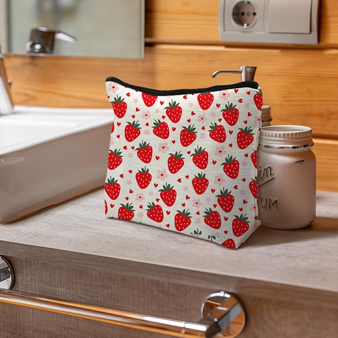 Cut Red Strawberry Makeup Bag Portable Cosmetic Bag Zipper Pouch Toiletry Bag for Purse, Strawberry Stuff Gifts for Women Girls