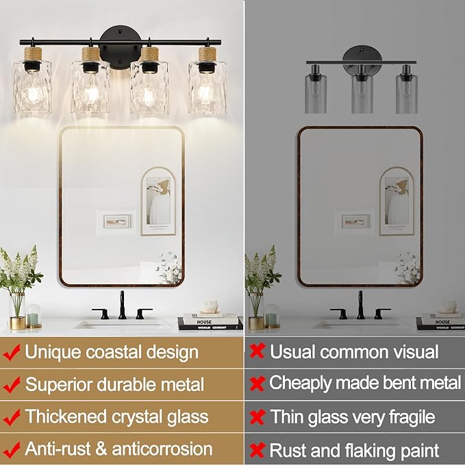 Bathroom Light Fixtures, 4-Light Coastal Vanity Lights with Crystal Glass Shade, Black Bathroom Wall Lamp for Mirror Kitchen Hallway Cabinet