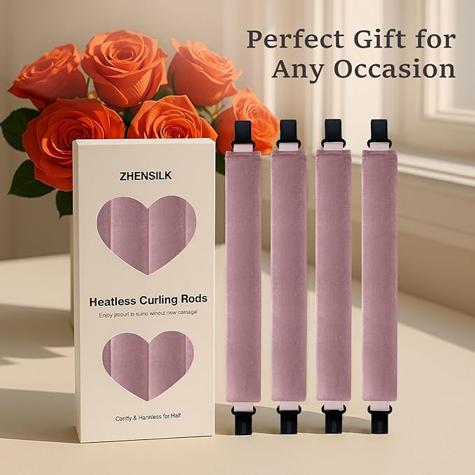 Heatless Hair Curler Set – 4PCS Velvet Overnight Blowout Rods for Heatless Curls, Jumbo Flexible Curling Rods to Sleep In, No Heat Curling Tools for Natural Waves and Curls Rose Pink