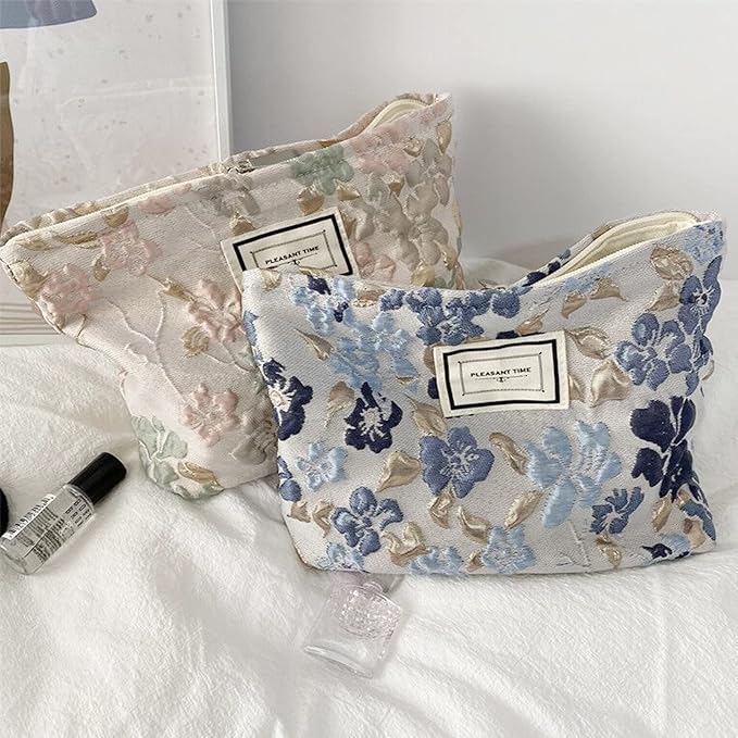 SxoSyo Cosmetic Bags for Women Makeup Bag Large Capacity Purse Travel Toiletry Zipper Storage Pouch Make up Brushes Organizer for Gifts (Blue, Stereo flower)