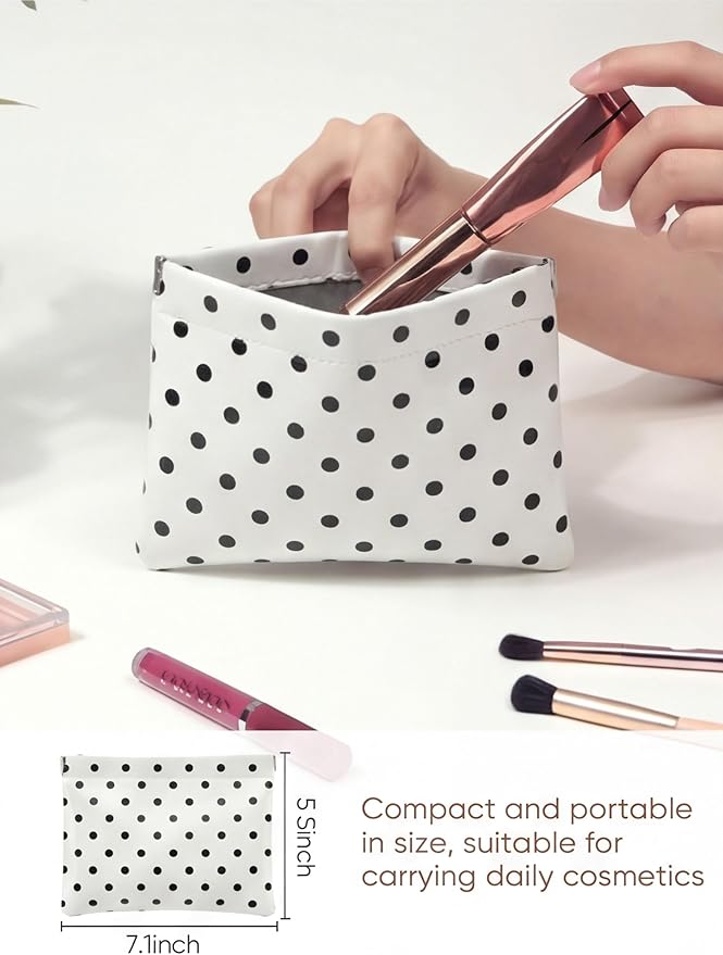 Dots Leather Makeup Pouch Set for Women Small Make Up Bag for Purse Waterproof Initial Makeup Cosmetic Bags Pouches for Purse Aesthetic Travel Toiletry Bag,White Black