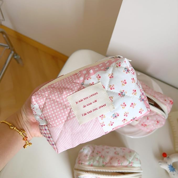 2 Pieces Floral Makeup Bag, Cute Travel Quilted Cotton Small Cosmetic Bag Organizer, Coquette Aesthetic Preppy Pouch Purse Toiletry Bag for Women Girls accessories