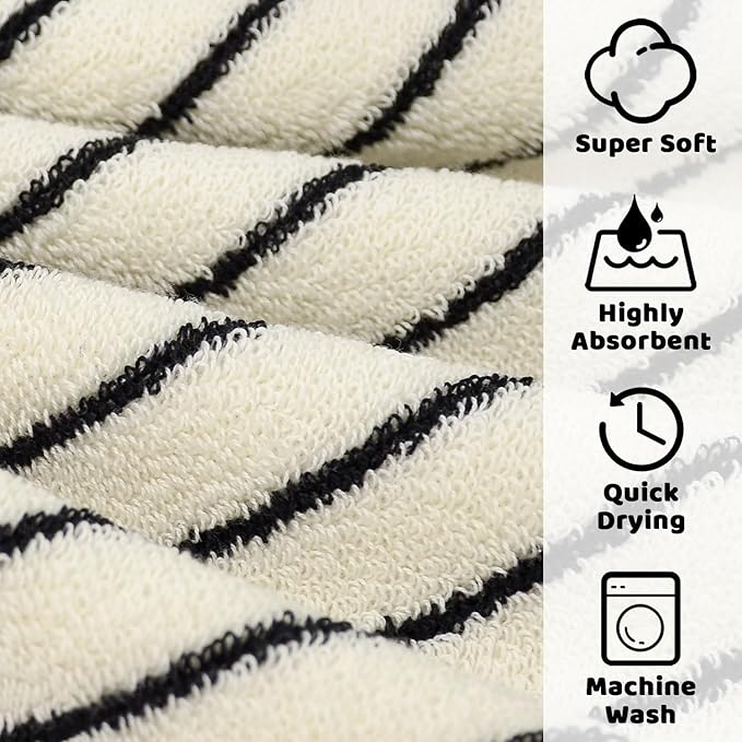 Jacquotha Striped Cotton Washcloths 12 Pack, 13” x 13” - Soft Wash Cloths for Bathroom, Kitchen, Gym, Face, Black and Cream