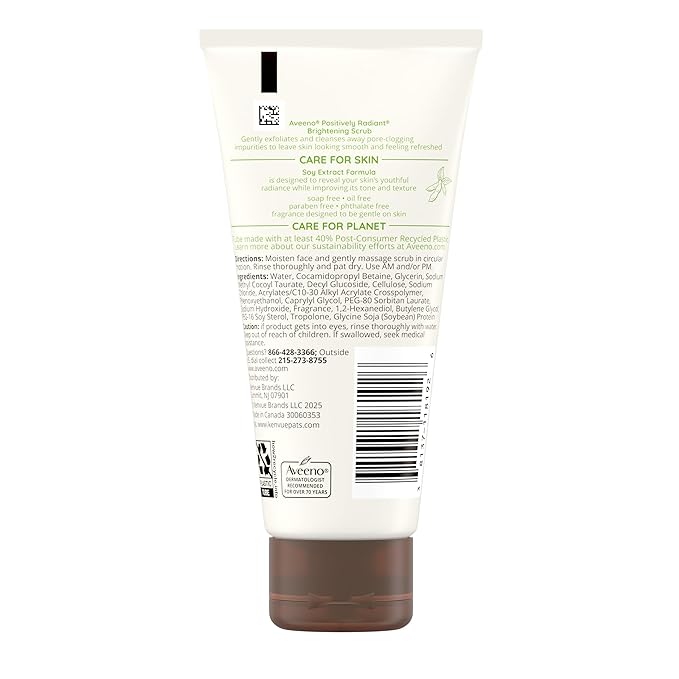 Aveeno Positively Radiant Skin Brightening Exfoliating Daily Facial Scrub, Moisture-Rich Soy Extract, helps improve skin tone & texture, Oil-& Soap-Free, Hypoallergenic, Travel Size, 2 oz (Pack of 6)