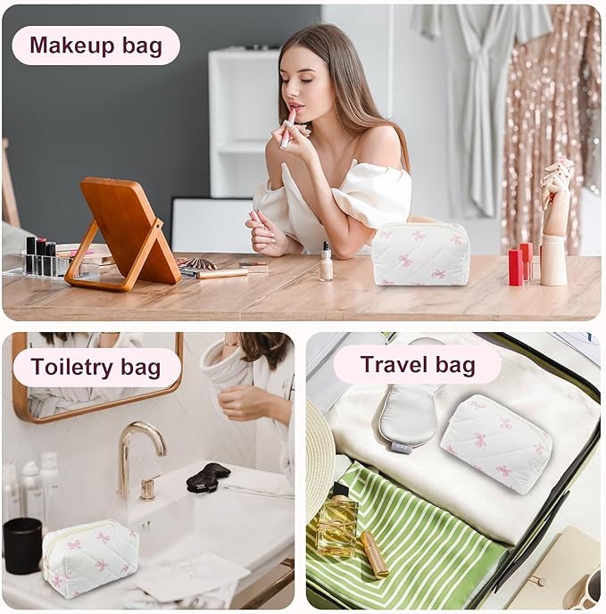 Quilted Makeup Bag Floral Cotton Make up Bag Puffy Coquette Makeup pouch Aesthetic Cute Travel Toiletry Bag for Women Girls