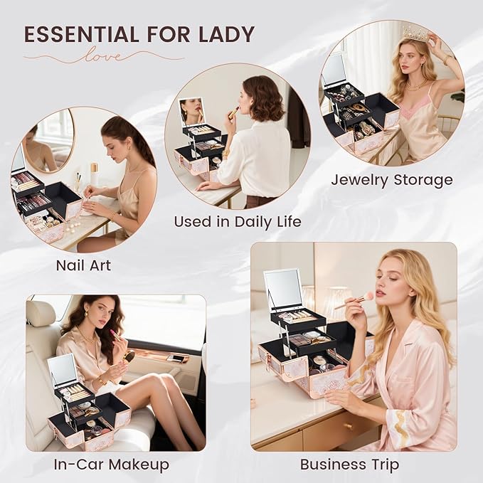 Costravio Makeup Case Train Case Portable Makeup Box with Mirror Lock Box Travel Cosmetic Train Cases Hard Make Up Organizer for Girls Nail Craft Storage Vanity Rose Gold Flower