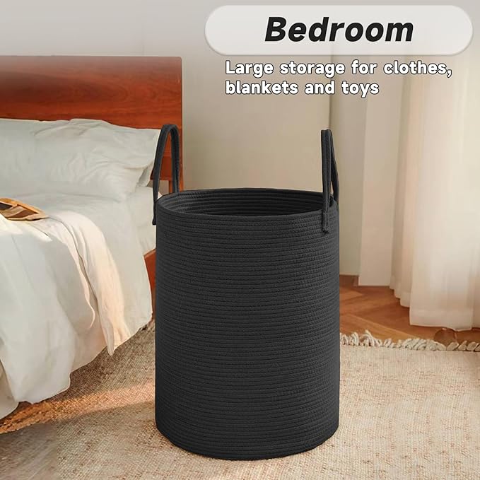 Large Woven Laundry Basket Hamper,80L Cotton Rope Storage Bin for Blankets,Toys and Clothes,Decorative Tall Nursery Hamper for Living Room,Baby Nursery,Bathroom and Bedroom,Black
