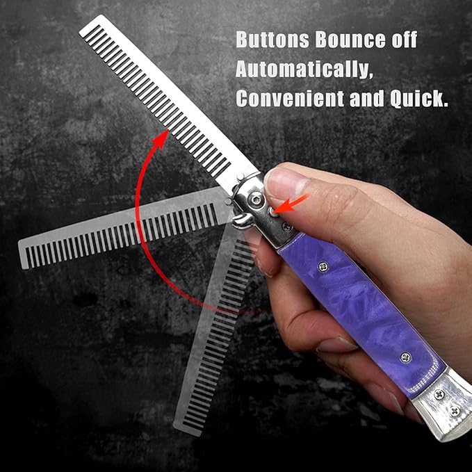 Folding Pocket Comb, Stainless Steel Beard Comb for Men, Switchblade Fine Tooth Mustache Combs Designed for Hair Salon Beauty Tool (Light Purple)