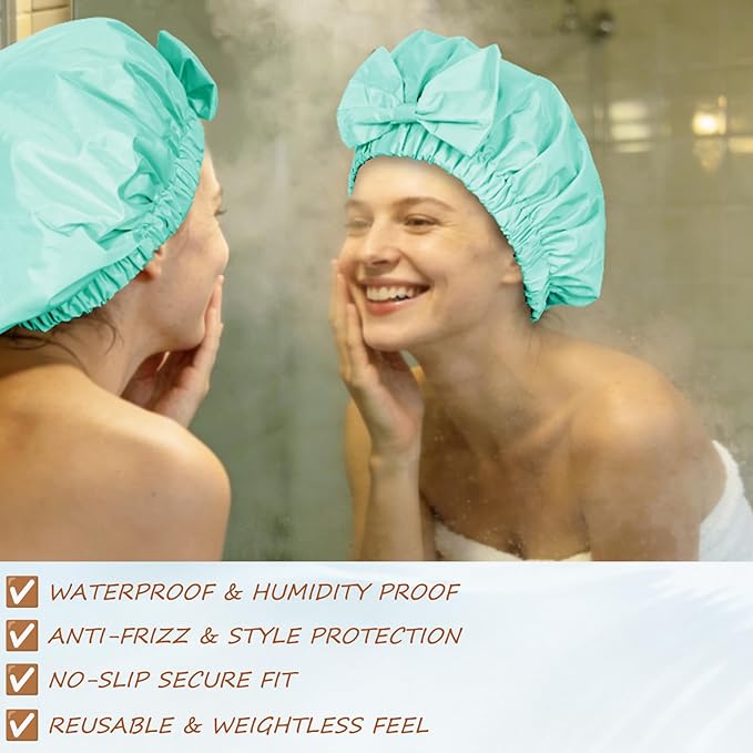 Reusable Shower Cap for Women with Stylish Bow, Non-Slip Waterproof Anti Humidity Bathing Cap, Roomy Anti Frizz for Short Medium Straight Wavy Hair, Soft Elastic & Machine Washable, Aqua