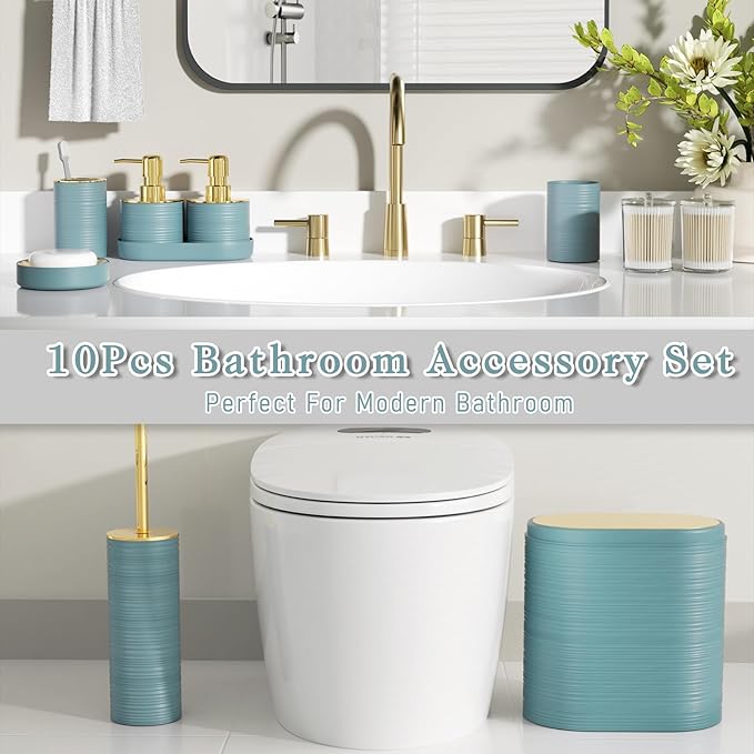 Bathroom Set, 10PC Bathroom Accessory Set, Light Blue Bathroom Accessories, Blue and Gold Bathroom Set with Trash Can, Soap Dispensers