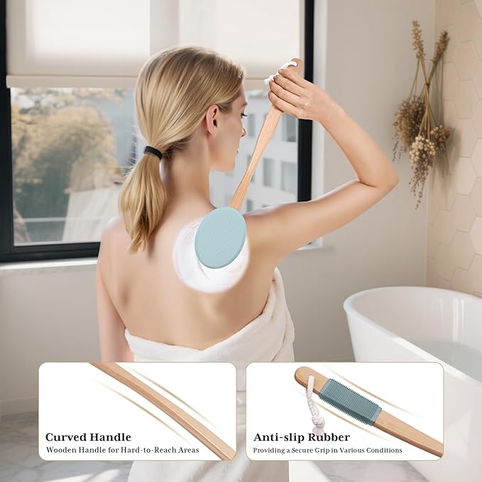 AmazerBath Lotion Applicator for Back, Feet, 4 Replacement Pads with 17" Curved Handle, Back Sunscreen Applicator for Kids, Elderly, Women, Apply Skin Cream Medicine Moisturizer Tanner, Sky Blue