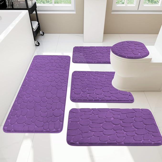 YIHOUSE Bathroom Rugs Mat Set 5 Piece Purple, Memory Foam Bath Mats Sets, Non Slip Water Absorbent Washable Bath Rugs for Sink, Toilet and Floor